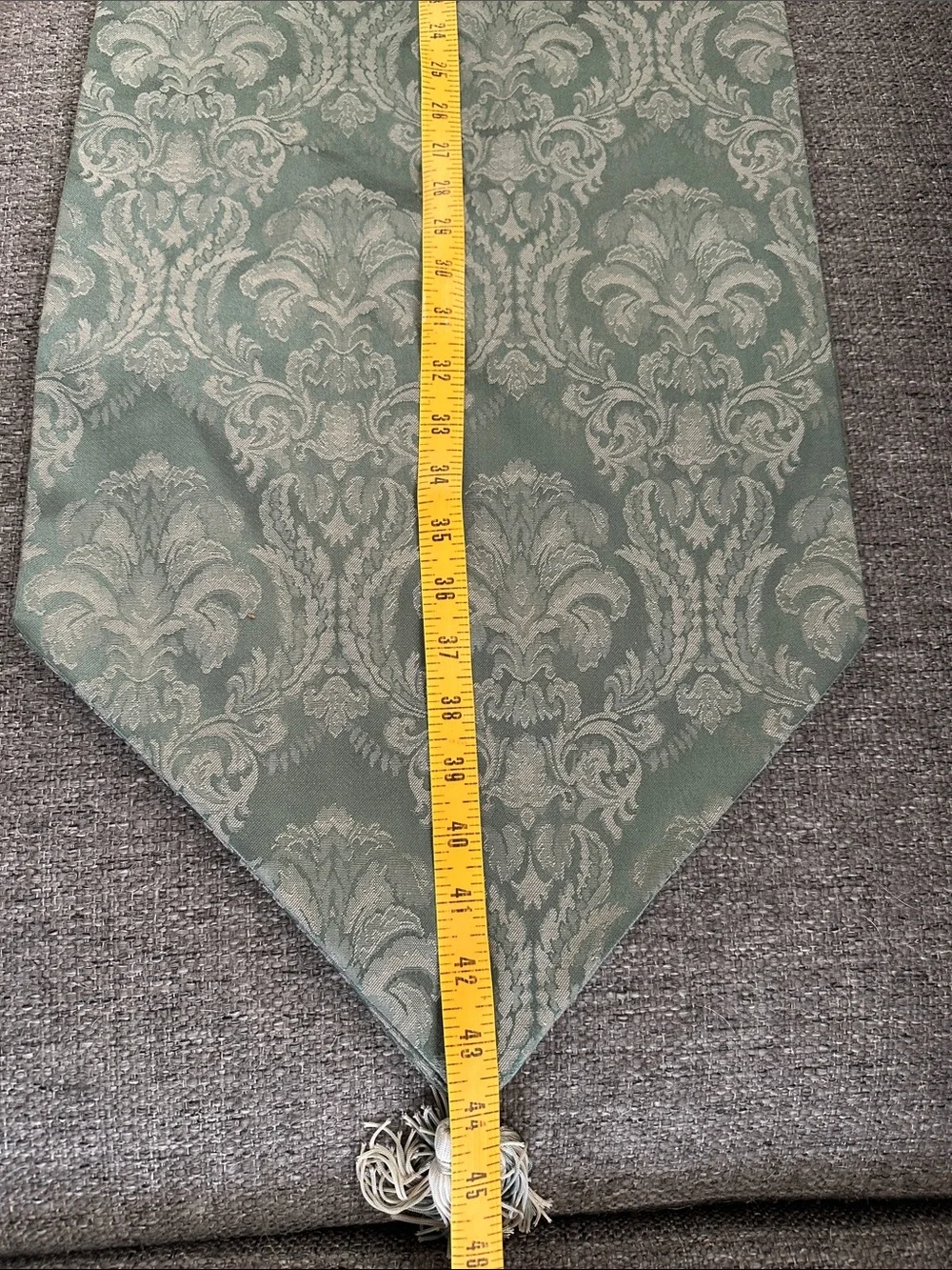 Green Damask Table Runner with Tassels 88”